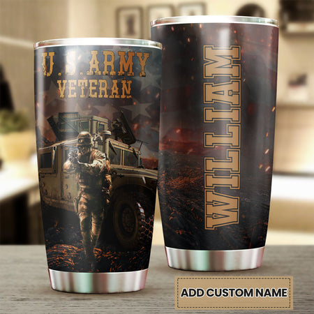 Camellia Personalized 3D American Army Veteran Stainless Steel Tumbler - Customized Double-Walled Insulation Thermal Cup With Lid
