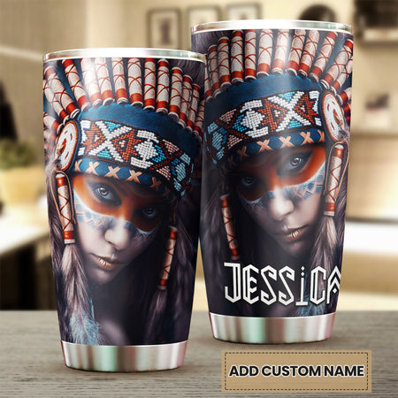 Camellia Personalized Native American Girl Stainless Steel Tumbler-Double-Walled Insulation Cup With Lid Gift For Native American Girl
