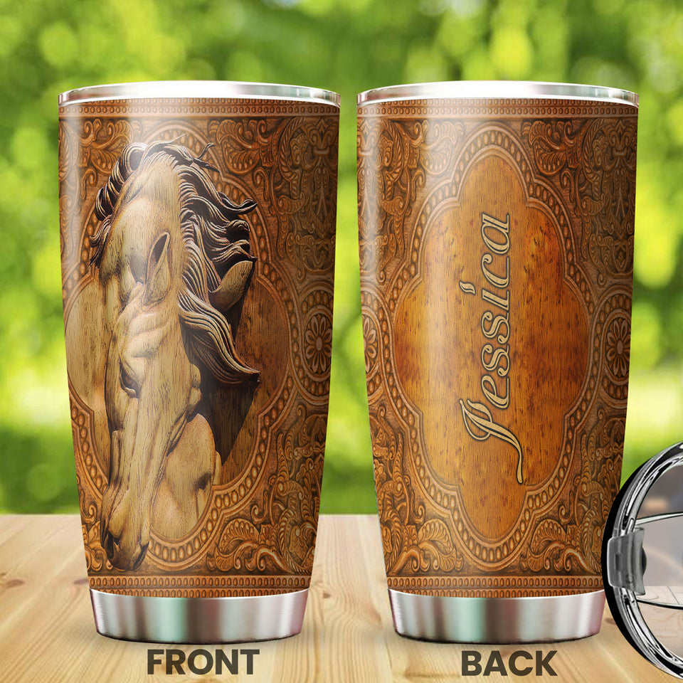 Camellia Personalized Wood Horse Stainless Steel Tumbler - Double-Walled Insulation Vacumm Flask - Gift For Horse Lovers, Cowgirls, Cowboys, Perfect Christmas, Thanksgiving Gift