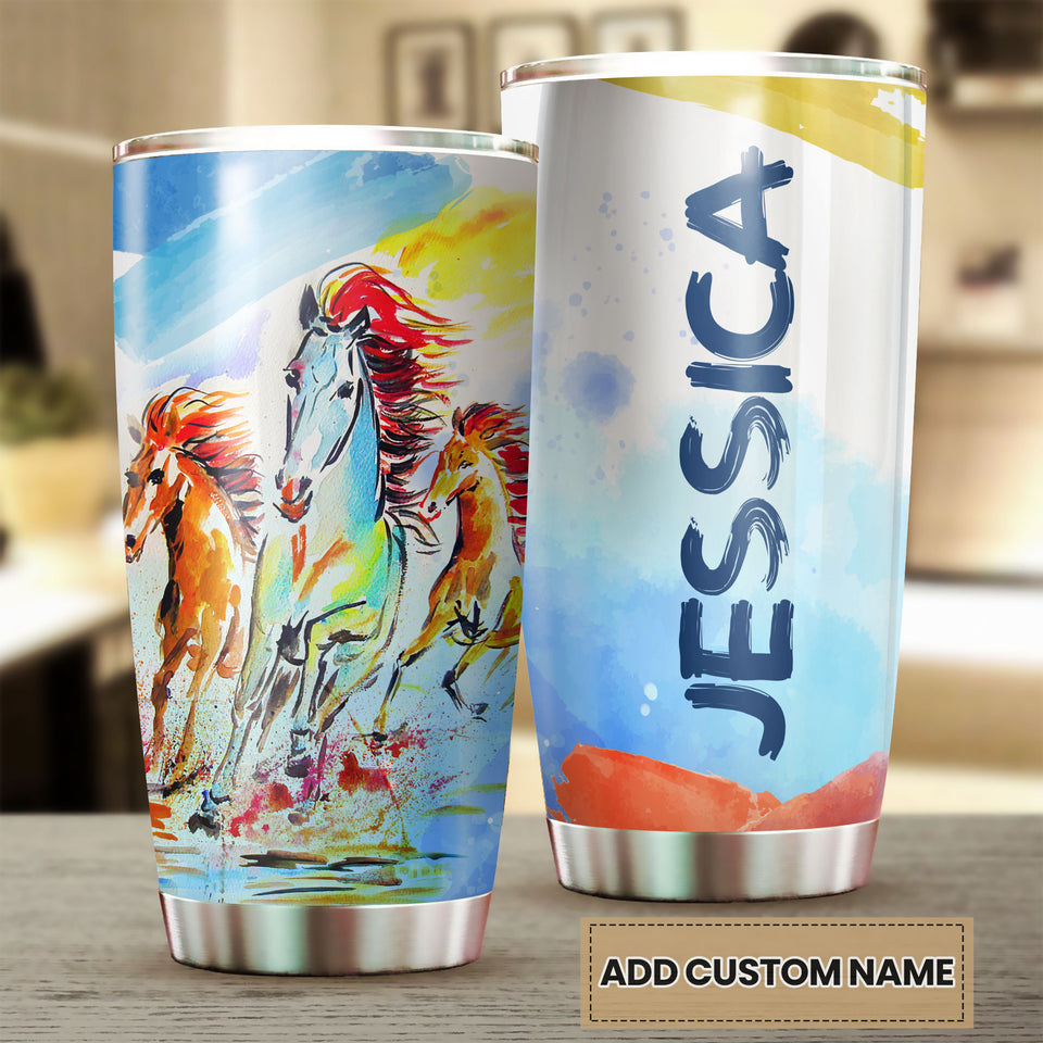 Camellia Personalized Horse Painting Art Stainless Steel Tumbler - Double-Walled Insulation Vacumm Flask - Gift For Horse Lovers, Cowgirls, Cowboys, Perfect Christmas, Thanksgiving Gift