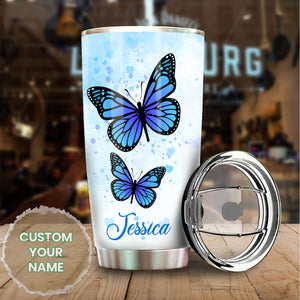 Camellia Personalized Blue Butterfly Mom To Daughter Stainless Steel Tumbler - Double-Walled Insulation Vacumm Flask - Gift For Thanksgiving, Memorial Day, Daughter's Birthday