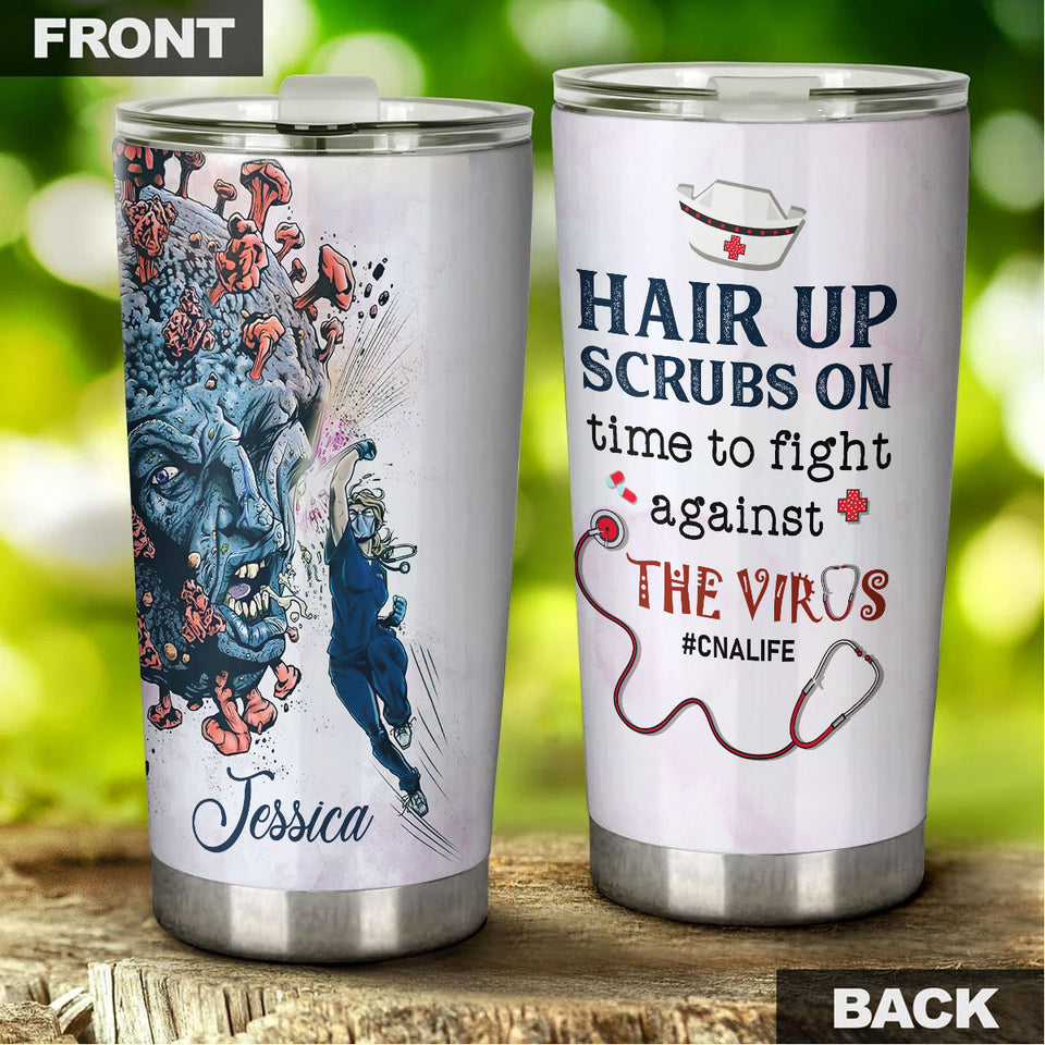 Camellia Personalized Doctor Hair Up Scrups On Time To Fight Against The Virus Stainless Steel Tumbler - Customized Double-Walled Insulation Travel Thermal Cup With Lid