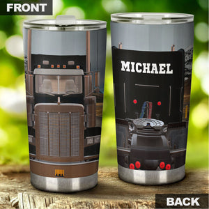 Camellia Personalized Black Truck Stainless Steel Tumbler - Double-Walled Insulation Vacumm Flask - Gift For Truck Drivers