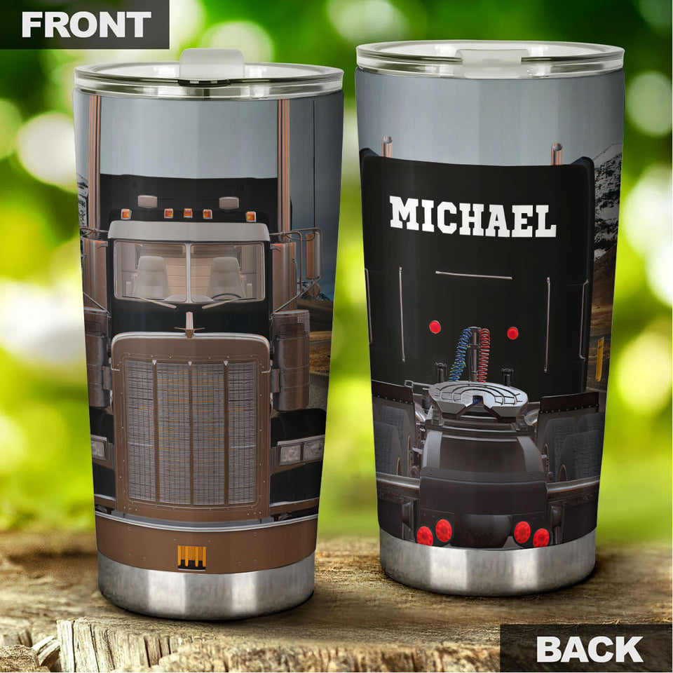 Camellia Personalized Black Truck Stainless Steel Tumbler - Double-Walled Insulation Vacumm Flask - Gift For Truck Drivers