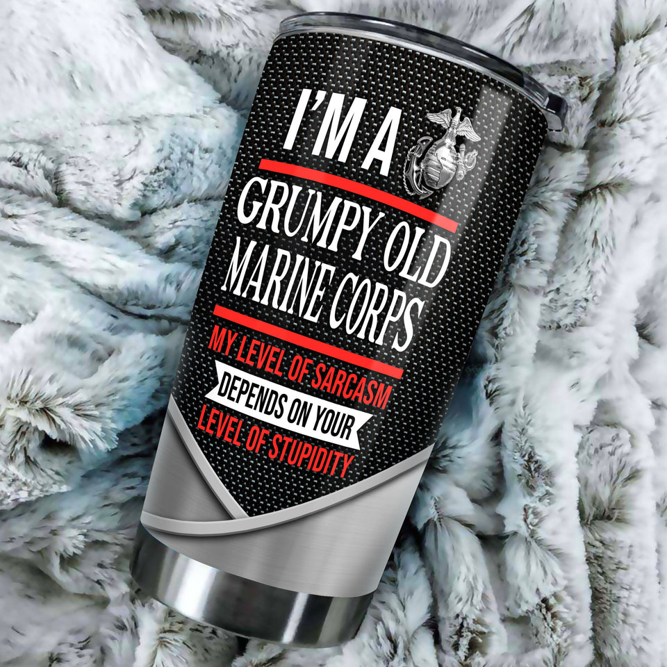 Camellia Personalized 3D Im A Grumpy Old Marine Corps Stainless Steel Tumbler - Customized Double-Walled Insulation Travel Thermal Cup With Lid