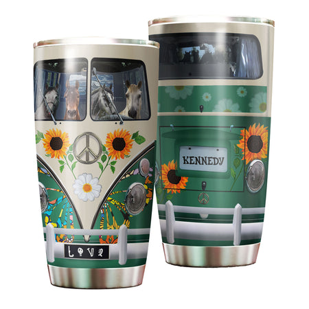 Camellia Personalized Horse Hippie Van Stainless Steel Tumbler - Double-Walled Insulation Vacumm Flask - Gift For Horse Lovers, Cowgirls, Cowboys, Perfect Christmas, Thanksgiving Gift