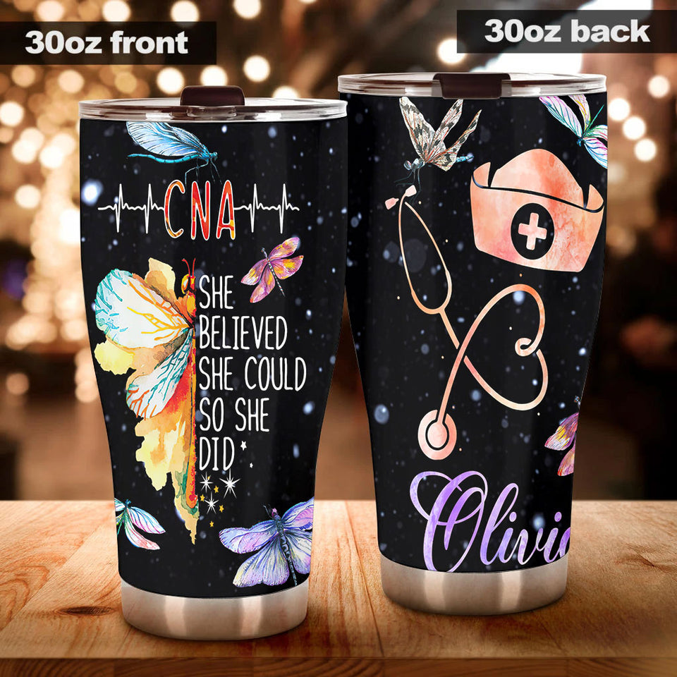 Camellia Personalized Butterfly Nurse She Believed She Could So She Do It Stainless Steel Tumbler - Customized Double-Walled Insulation Travel Thermal Cup With Lid