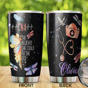 Camellia Personalized Butterfly Nurse She Believed She Could So She Do It Stainless Steel Tumbler - Customized Double-Walled Insulation Travel Thermal Cup With Lid