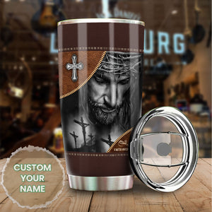 Camellia Personalized Faith Over Fear Leather Style Stainless Steel Tumbler-Double-Walled Insulation Travel Cup With Lid