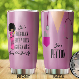 Camellia Personalized Black Nurse A Queen Living Her Best Life Stainless Steel Tumbler  - Double-Walled Insulation Vacumm Flask - Gift For Black Queen, International Women's Day, Hippie Girls, Nurse