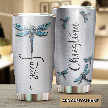 Camellia Personalized Dragonfly Faith Stainless Steel Tumbler - Customized Double-Walled Insulation Travel Thermal Cup With Lid Gift For Dragonfly Lover