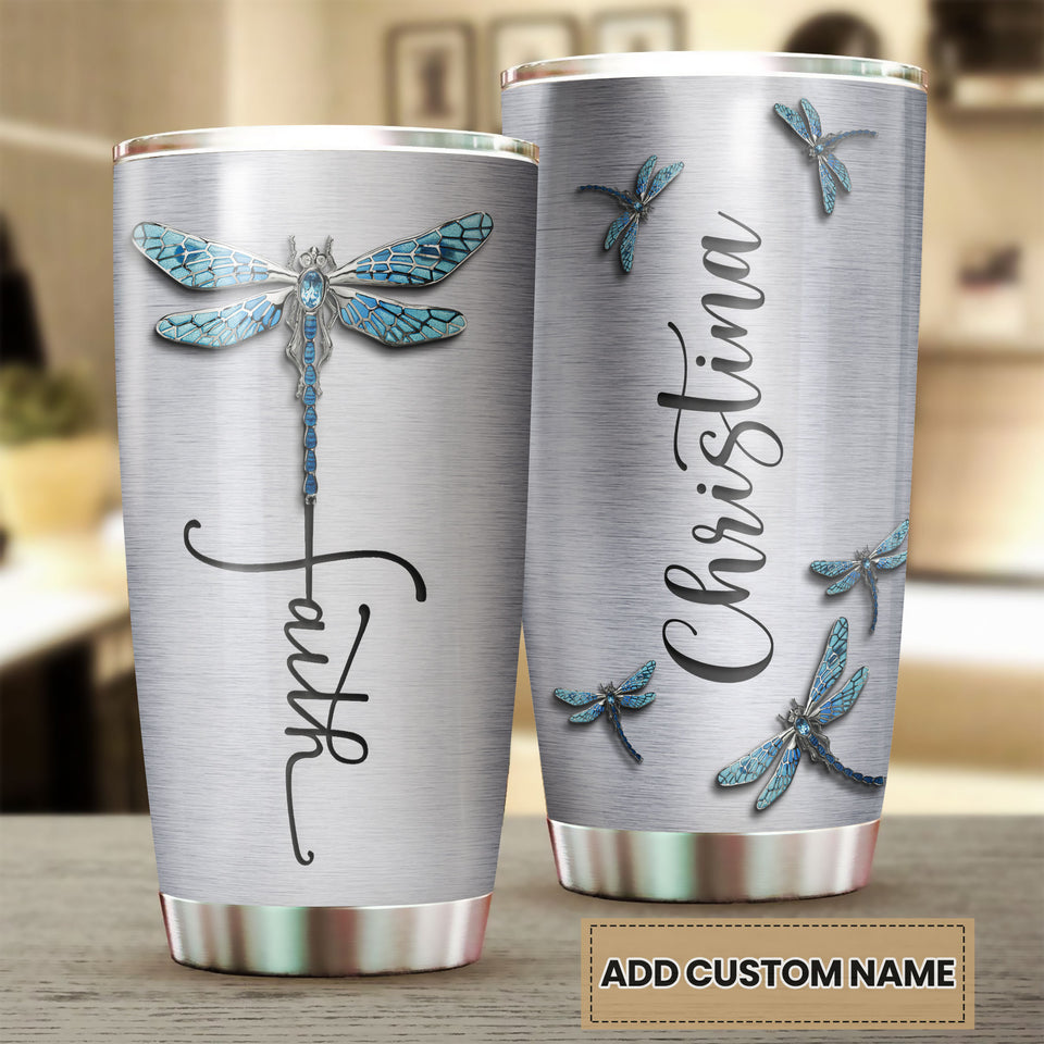Camellia Personalized Dragonfly Faith Stainless Steel Tumbler - Customized Double-Walled Insulation Travel Thermal Cup With Lid Gift For Dragonfly Lover