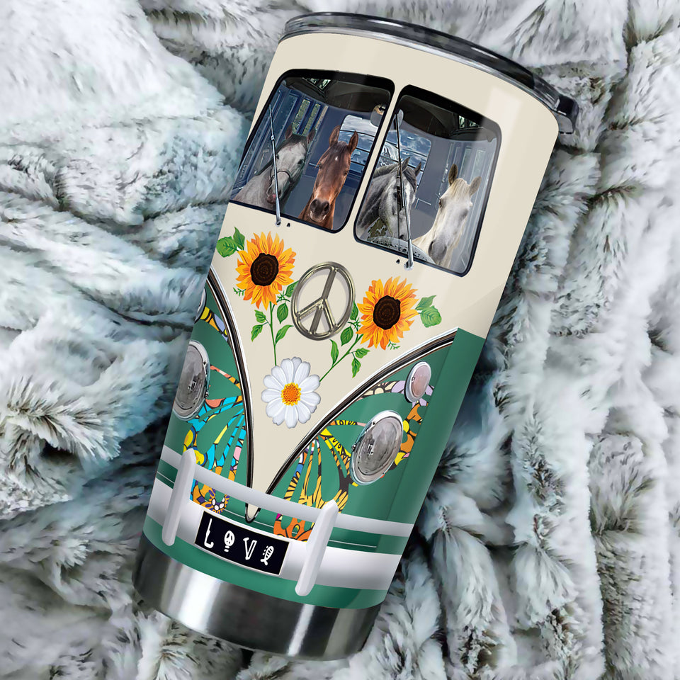 Camellia Personalized Horse Hippie Van Stainless Steel Tumbler - Double-Walled Insulation Vacumm Flask - Gift For Horse Lovers, Cowgirls, Cowboys, Perfect Christmas, Thanksgiving Gift