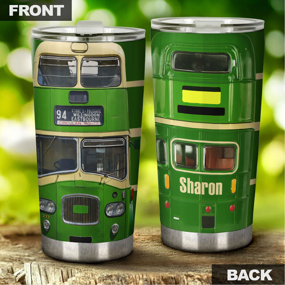 Camellia Personalized 3D Green Bus Stainless Steel Tumbler - Customized Double-Walled Insulation Travel Thermal Cup With Lid