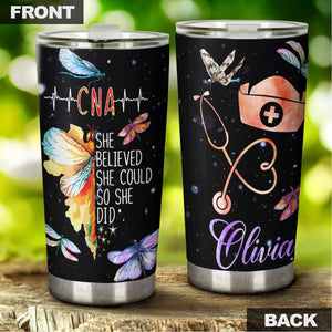 Camellia Personalized Butterfly Nurse She Believed She Could So She Do It Stainless Steel Tumbler - Customized Double-Walled Insulation Travel Thermal Cup With Lid