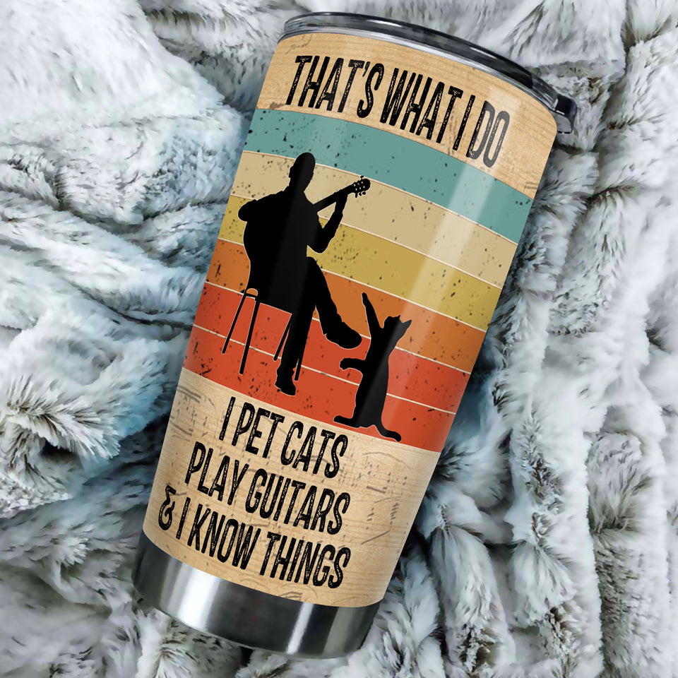 Camellia Personalized 3D Vintage Man Pets Cats Play Guitar And Know Things Stainless Steel Tumbler - Customized Double-Walled Insulation Thermal Cup With Lid Gift For Guitarist