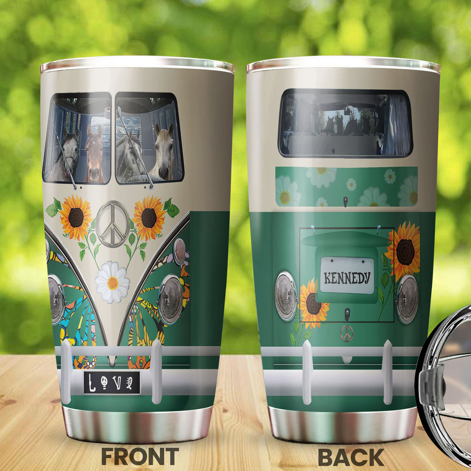 Camellia Personalized Horse Hippie Van Stainless Steel Tumbler - Double-Walled Insulation Vacumm Flask - Gift For Horse Lovers, Cowgirls, Cowboys, Perfect Christmas, Thanksgiving Gift