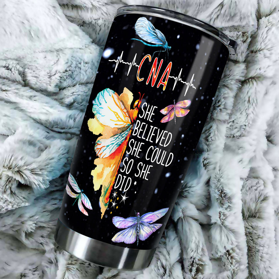 Camellia Personalized Butterfly Nurse She Believed She Could So She Do It Stainless Steel Tumbler - Customized Double-Walled Insulation Travel Thermal Cup With Lid