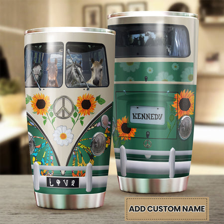 Camellia Personalized Horse Hippie Van Stainless Steel Tumbler - Double-Walled Insulation Vacumm Flask - Gift For Horse Lovers, Cowgirls, Cowboys, Perfect Christmas, Thanksgiving Gift