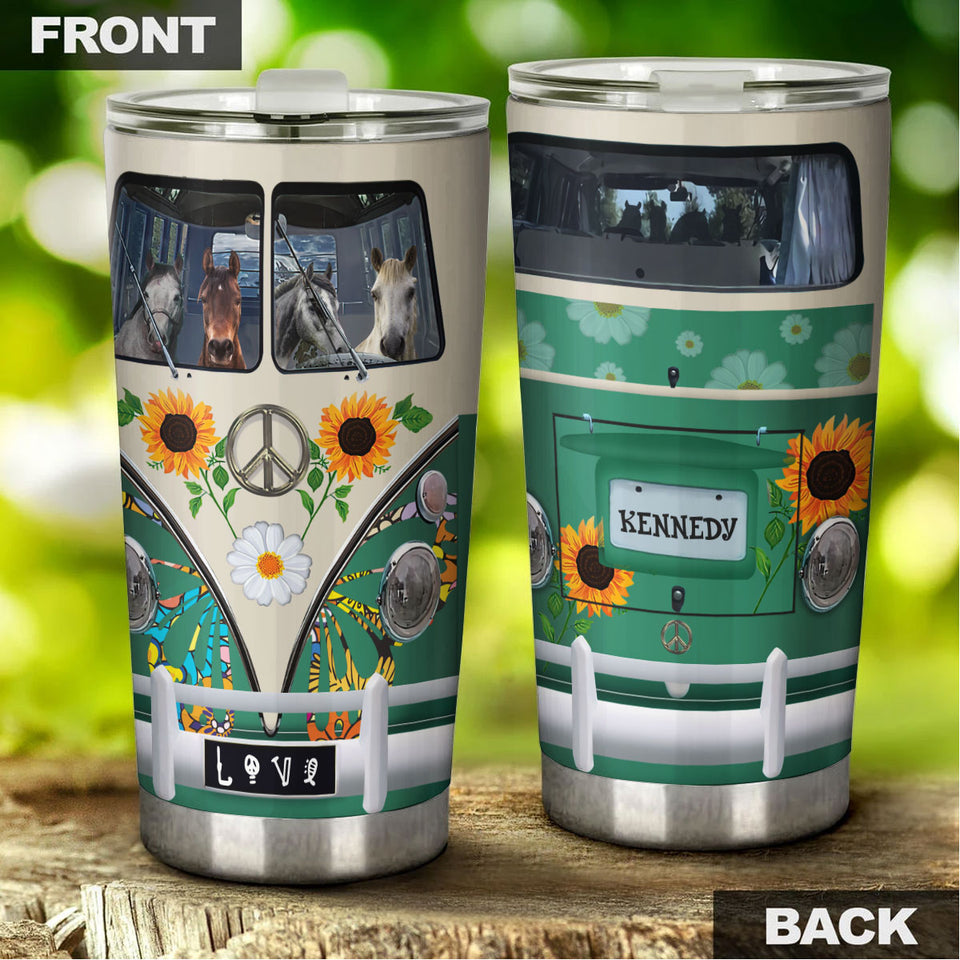 Camellia Personalized Horse Hippie Van Stainless Steel Tumbler - Double-Walled Insulation Vacumm Flask - Gift For Horse Lovers, Cowgirls, Cowboys, Perfect Christmas, Thanksgiving Gift