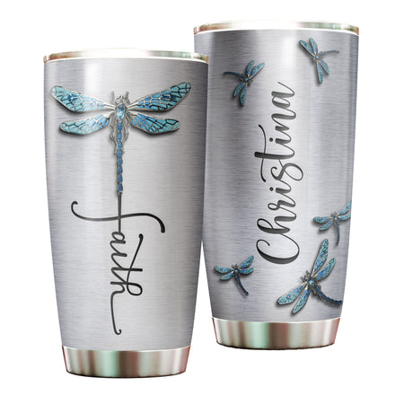 Camellia Personalized Dragonfly Faith Stainless Steel Tumbler - Customized Double-Walled Insulation Travel Thermal Cup With Lid Gift For Dragonfly Lover