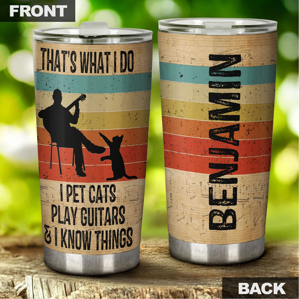 Camellia Personalized 3D Vintage Man Pets Cats Play Guitar And Know Things Stainless Steel Tumbler - Customized Double-Walled Insulation Thermal Cup With Lid Gift For Guitarist
