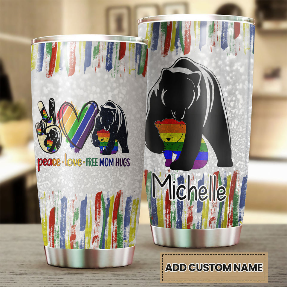 Camellia Persionalized LGBT Bear Peace Love Free Mom Hugs Stainless Steel Tumbler - Customized Double - Walled Insulation Travel Thermal Cup With Lid