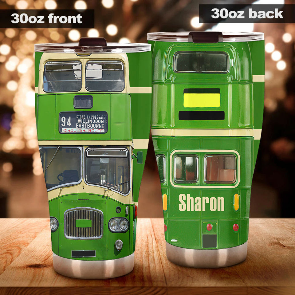 Camellia Personalized 3D Green Bus Stainless Steel Tumbler - Customized Double-Walled Insulation Travel Thermal Cup With Lid