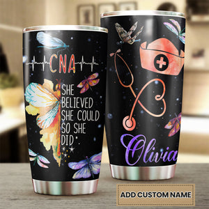 Camellia Personalized Butterfly Nurse She Believed She Could So She Do It Stainless Steel Tumbler - Customized Double-Walled Insulation Travel Thermal Cup With Lid