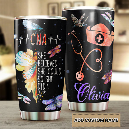 Camellia Personalized Butterfly Nurse She Believed She Could So She Do It Stainless Steel Tumbler - Customized Double-Walled Insulation Travel Thermal Cup With Lid