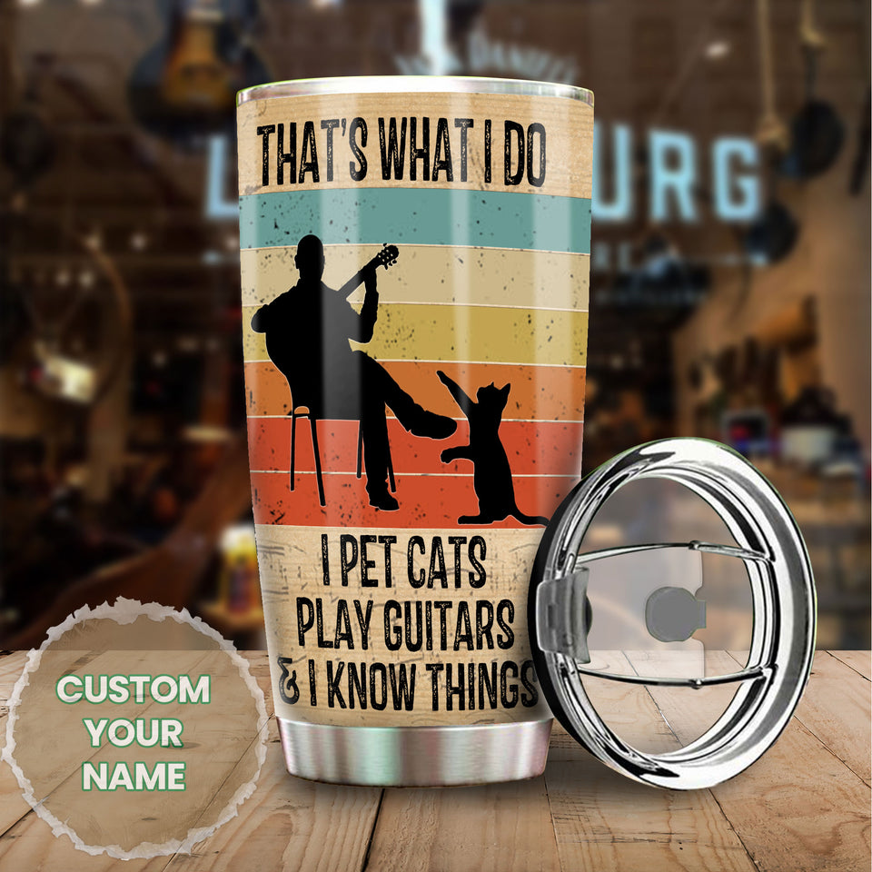 Camellia Personalized 3D Vintage Man Pets Cats Play Guitar And Know Things Stainless Steel Tumbler - Customized Double-Walled Insulation Thermal Cup With Lid Gift For Guitarist