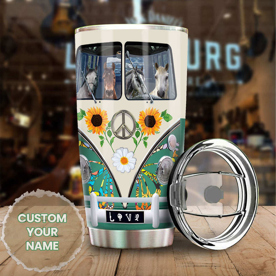 Camellia Personalized Horse Hippie Van Stainless Steel Tumbler - Double-Walled Insulation Vacumm Flask - Gift For Horse Lovers, Cowgirls, Cowboys, Perfect Christmas, Thanksgiving Gift