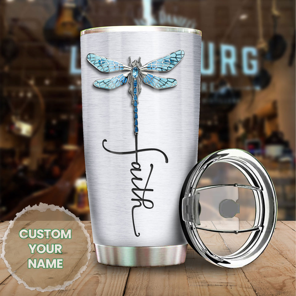 Camellia Personalized Dragonfly Faith Stainless Steel Tumbler - Customized Double-Walled Insulation Travel Thermal Cup With Lid Gift For Dragonfly Lover