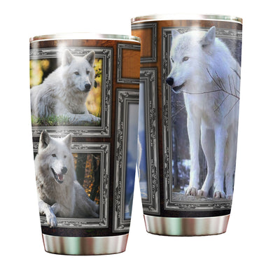 Camellia Persionalized 3D White Wolf Picture Stainless Steel Tumbler - Customized Double - Walled Insulation Travel Thermal Cup With Lid Gift For Wolf Lover