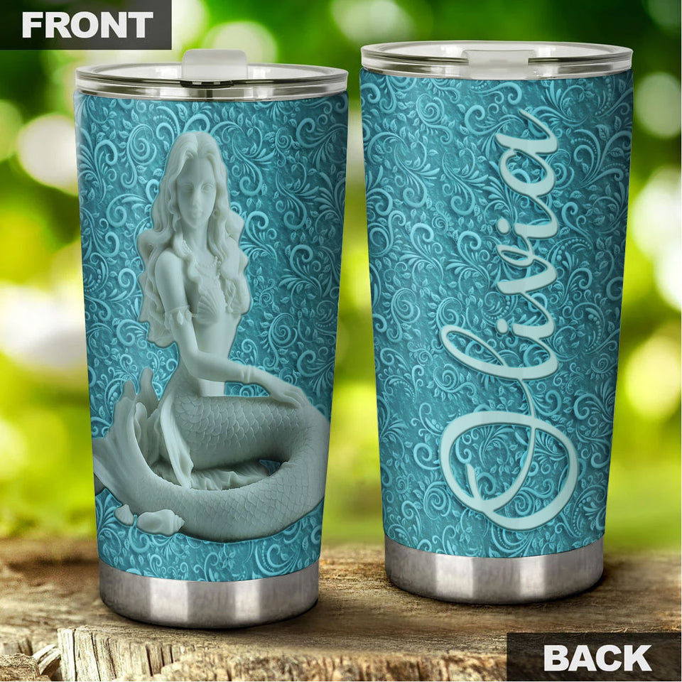 Camellia Personalized Mermaid Ceramic Style Stainless Steel Tumbler-Sweat-Proof Double Wall Travel Cup With Lid