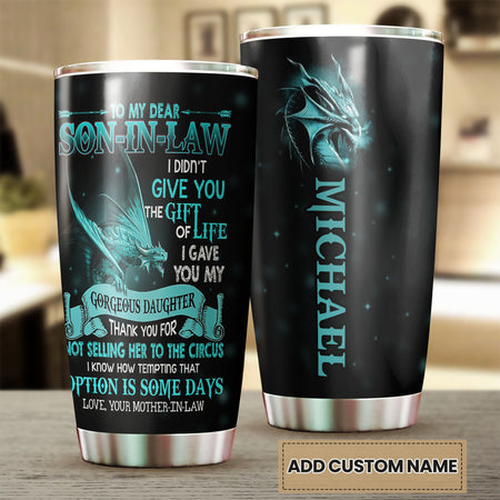 Camellia Personalized 3D Dragon To My Dear Son In Law Stainless Steel Tumbler - Customized Double-Walled Insulation Travel Thermal Cup With Lid