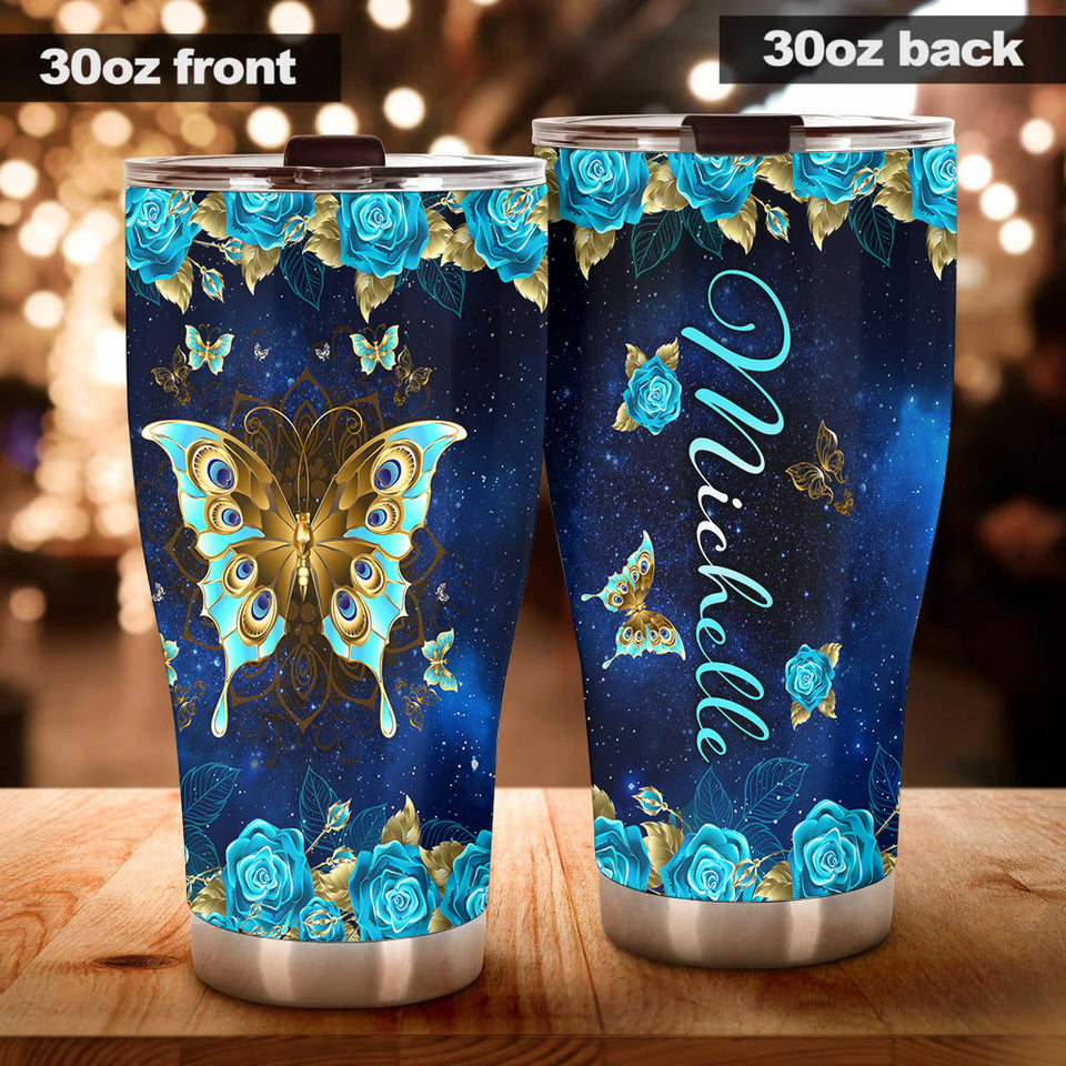 Camellia Personalized Blue Rose Butterfly Stainless Steel Tumbler - Double-Walled Insulation Vacumm Flask - Gift For Thanksgiving, Memorial Day, Rose Lovers