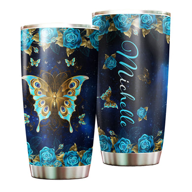 Camellia Personalized Blue Rose Butterfly Stainless Steel Tumbler - Double-Walled Insulation Vacumm Flask - Gift For Thanksgiving, Memorial Day, Rose Lovers
