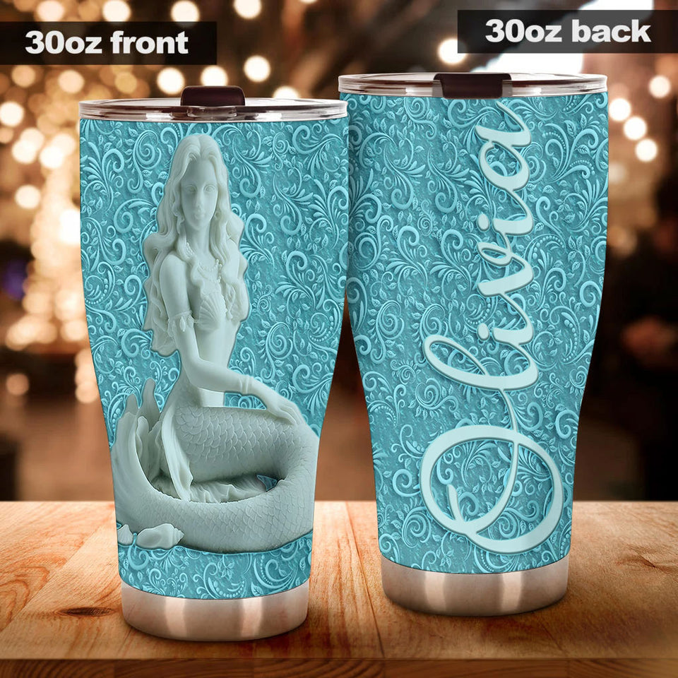 Camellia Personalized Mermaid Ceramic Style Stainless Steel Tumbler-Sweat-Proof Double Wall Travel Cup With Lid