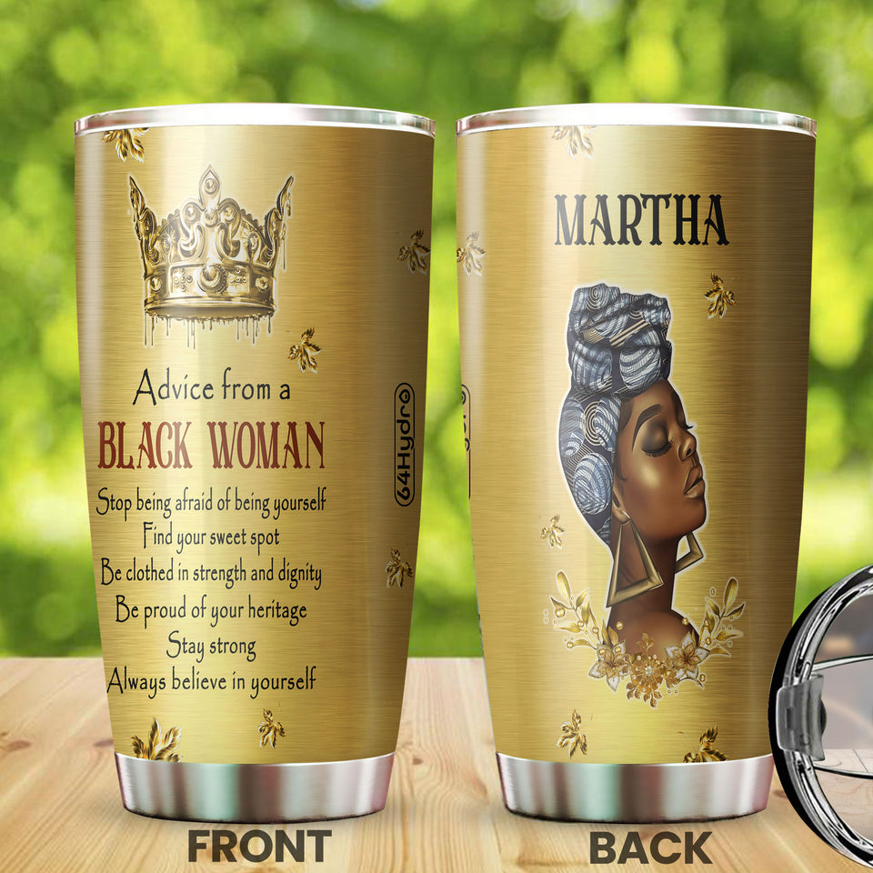 Camellia Personalized Black Woman Advice Stainless Steel Tumbler - Double-Walled Insulation Vacumm Flask - Gift For Black Queen, International Women's Day, Hippie Girls
