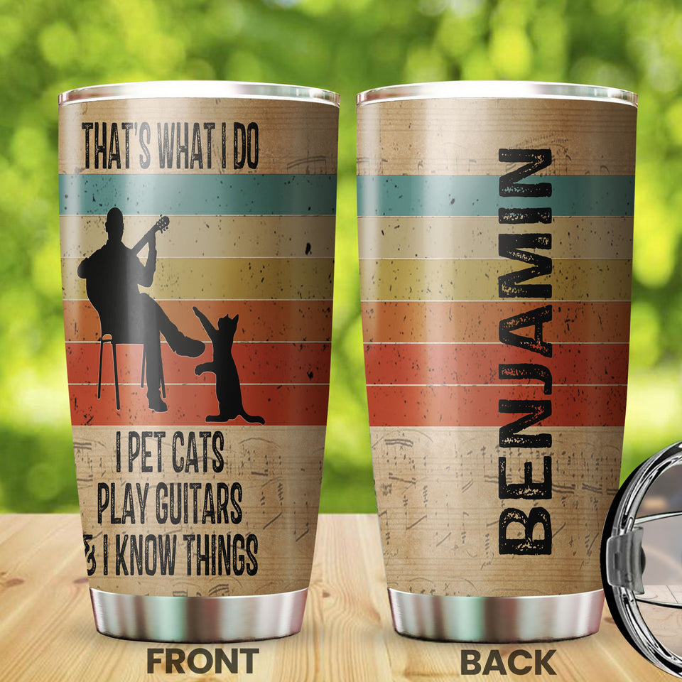 Camellia Personalized 3D Vintage Man Pets Cats Play Guitar And Know Things Stainless Steel Tumbler - Customized Double-Walled Insulation Thermal Cup With Lid Gift For Guitarist