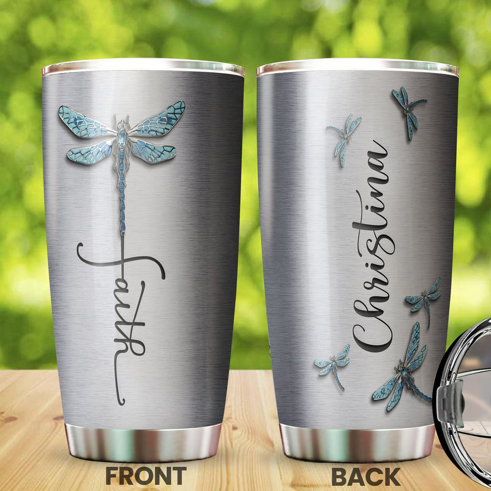 Camellia Personalized Dragonfly Faith Stainless Steel Tumbler - Customized Double-Walled Insulation Travel Thermal Cup With Lid Gift For Dragonfly Lover