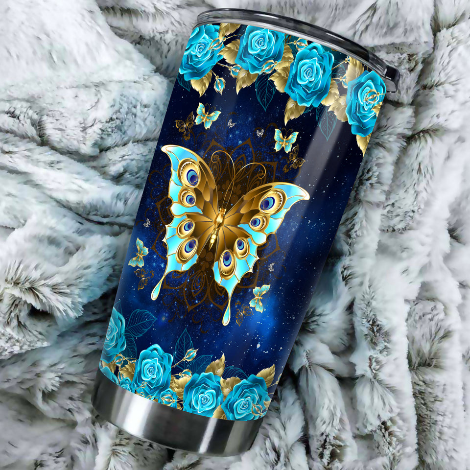 Camellia Personalized Blue Rose Butterfly Stainless Steel Tumbler - Double-Walled Insulation Vacumm Flask - Gift For Thanksgiving, Memorial Day, Rose Lovers