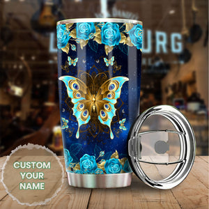 Camellia Personalized Blue Rose Butterfly Stainless Steel Tumbler - Double-Walled Insulation Vacumm Flask - Gift For Thanksgiving, Memorial Day, Rose Lovers