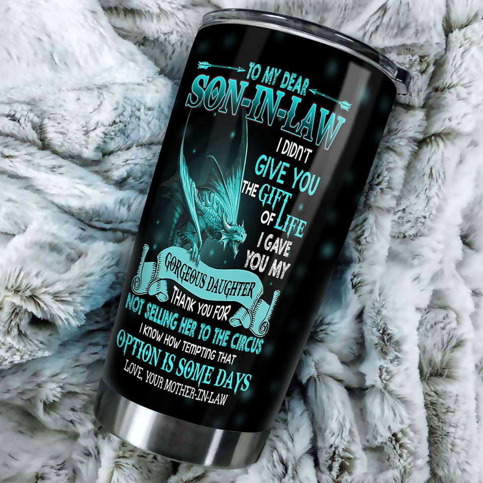 Camellia Personalized 3D Dragon To My Dear Son In Law Stainless Steel Tumbler - Customized Double-Walled Insulation Travel Thermal Cup With Lid
