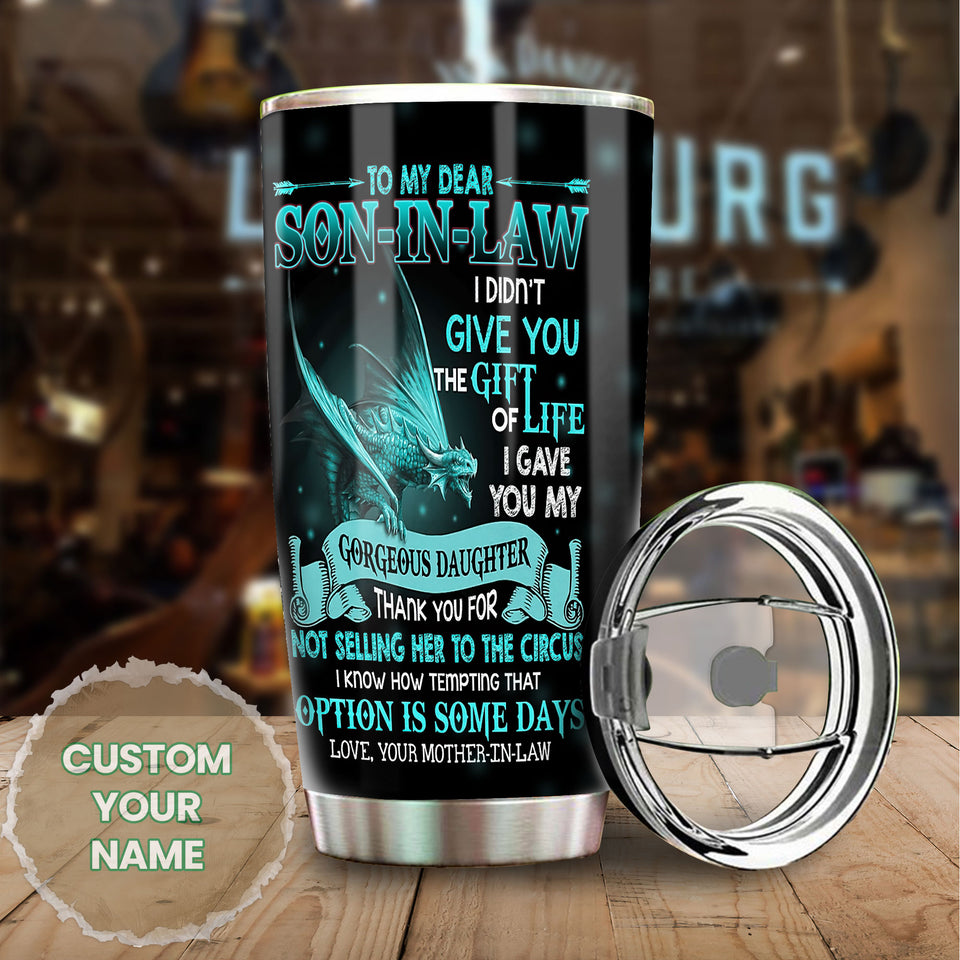 Camellia Personalized 3D Dragon To My Dear Son In Law Stainless Steel Tumbler - Customized Double-Walled Insulation Travel Thermal Cup With Lid