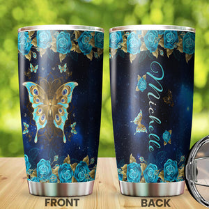 Camellia Personalized Blue Rose Butterfly Stainless Steel Tumbler - Double-Walled Insulation Vacumm Flask - Gift For Thanksgiving, Memorial Day, Rose Lovers