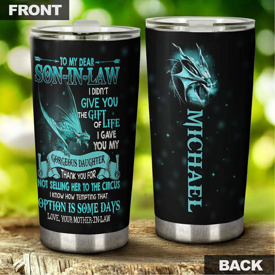 Camellia Personalized 3D Dragon To My Dear Son In Law Stainless Steel Tumbler - Customized Double-Walled Insulation Travel Thermal Cup With Lid