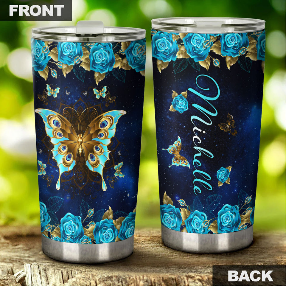 Camellia Personalized Blue Rose Butterfly Stainless Steel Tumbler - Double-Walled Insulation Vacumm Flask - Gift For Thanksgiving, Memorial Day, Rose Lovers