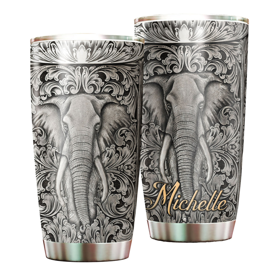 Camellia Personalized Elephant Pattern Silver Style Stainless Steel Tumbler-Sweat-Proof Travel Tharma Cup With Lid